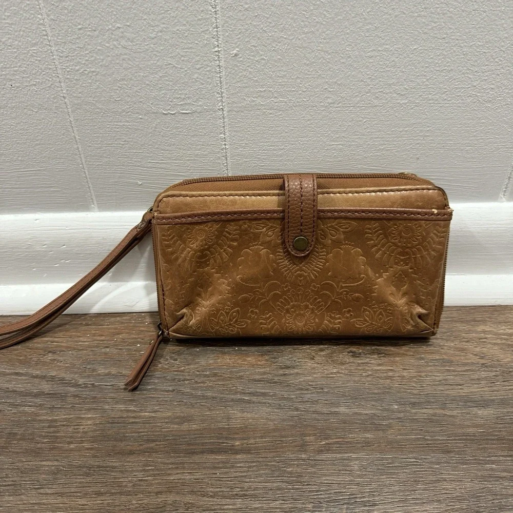 The Sak Iris‎ Large Embossed Floral Brown Leather Smartphone Wristlet READ